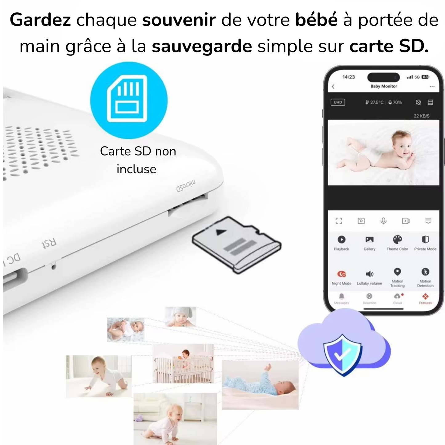 Babyphone Caméra Video Full HD 5'' 1920 - App Mobile Wi-Fi