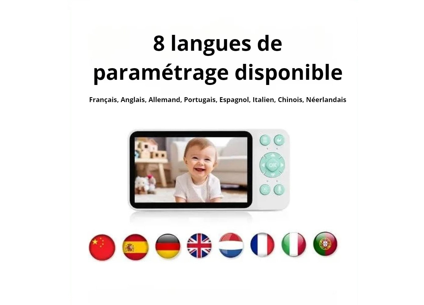 Babyphone Bébé 2K avec Moniteur 5″ LCD-IPS – Caméra PTZ 355°, WiFi, VOX, Enregistrement, Surveillance et Berceuses