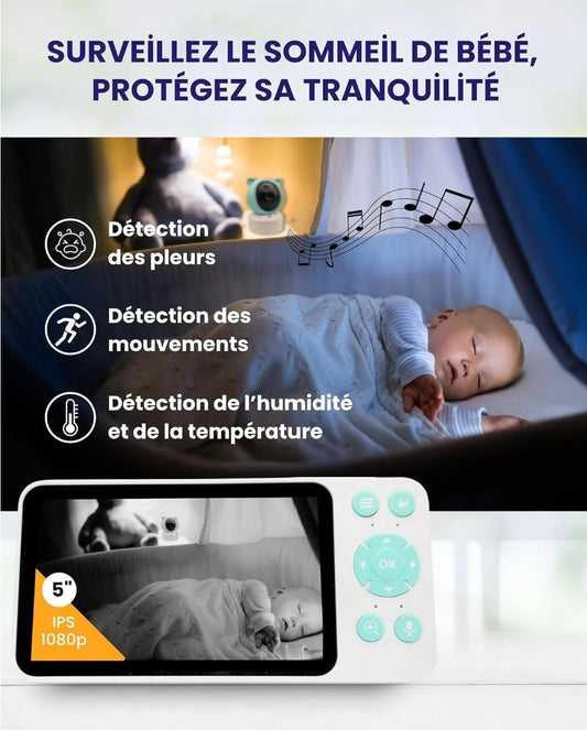 Babyphone Bébé 2K avec Moniteur 5″ LCD-IPS – Caméra PTZ 355°, WiFi, VOX, Enregistrement, Surveillance et Berceuses