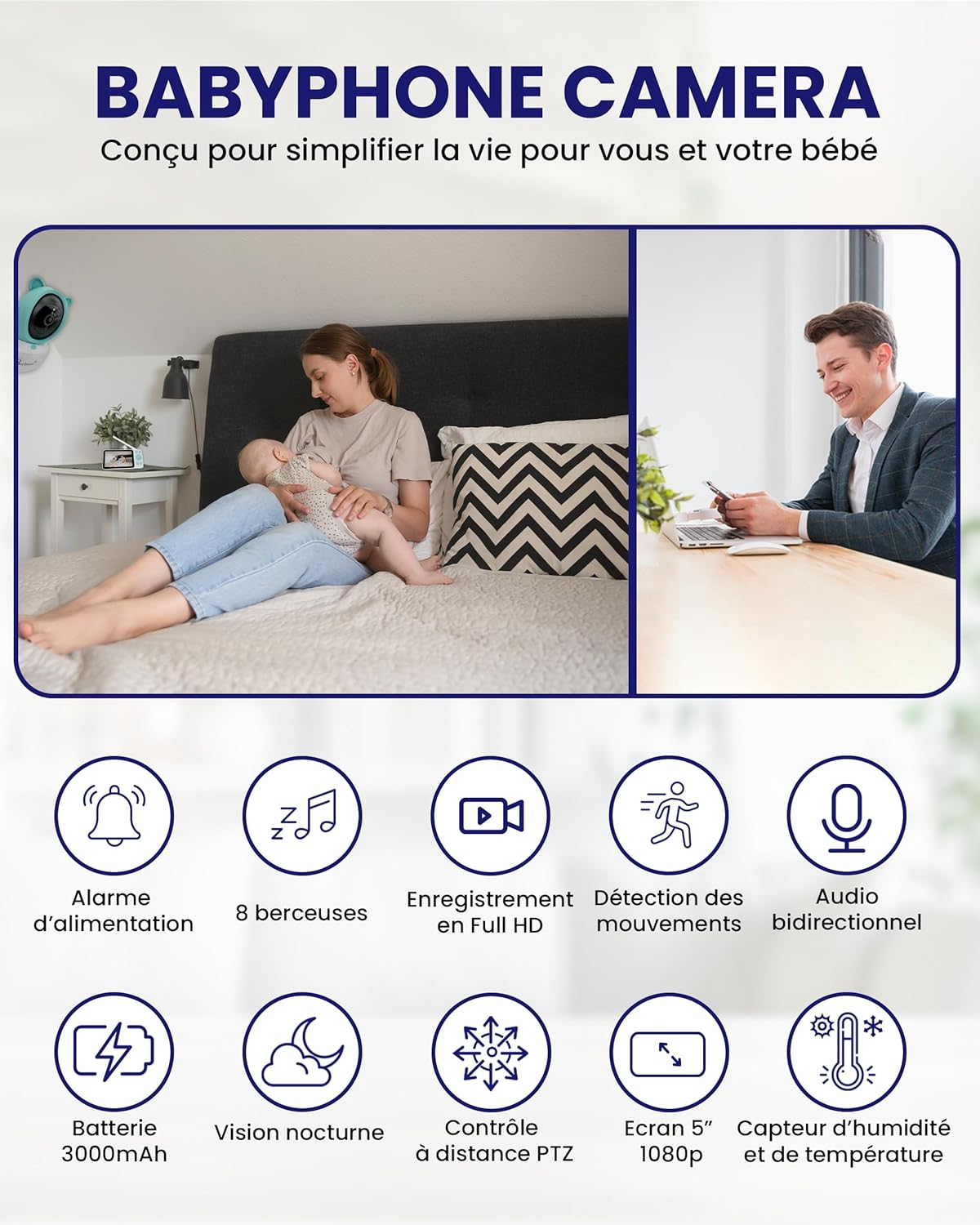 Babyphone Bébé 2K avec Moniteur 5″ LCD-IPS – Caméra PTZ 355°, WiFi, VOX, Enregistrement, Surveillance et Berceuses
