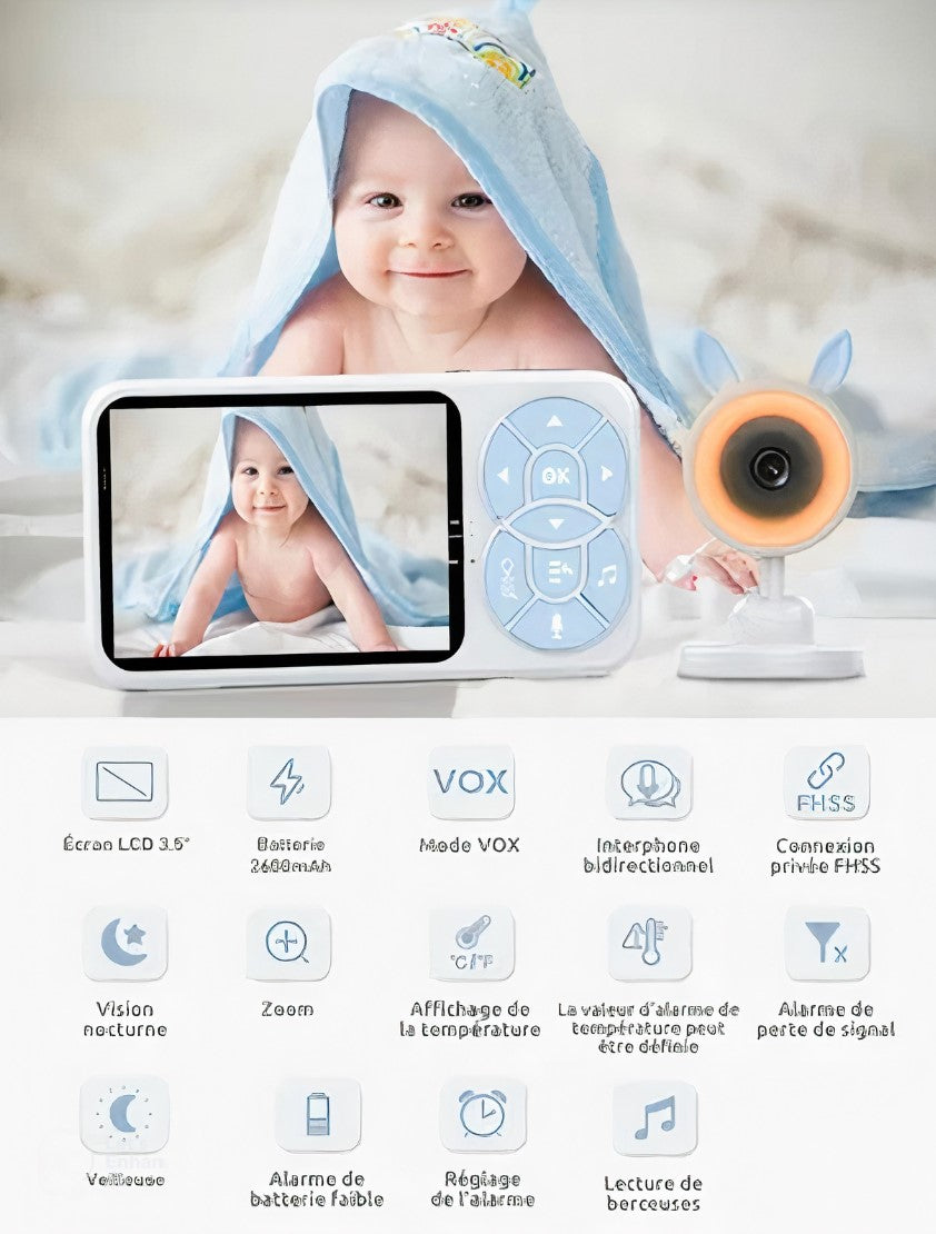 Babyphone Caméra HD 1080 P 3,5″ avec Veilleuse Colorée et Vision Nocturne pour Bébé