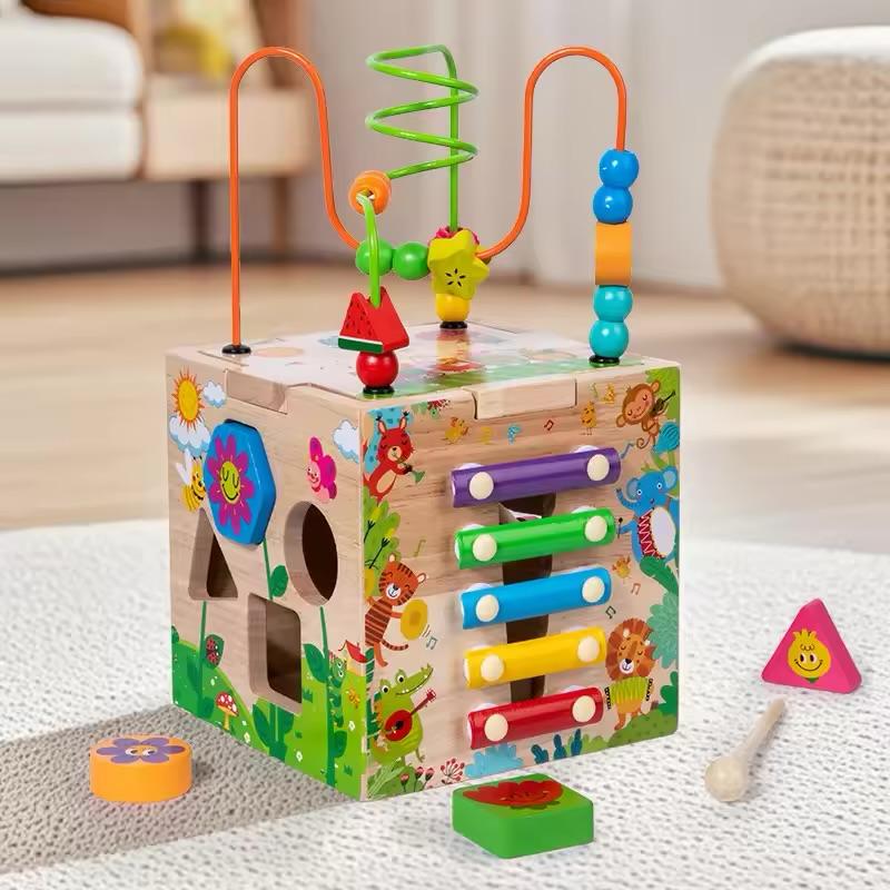 Jeu Sensoriel et Éveil pour Bébé et Enfant dès 1 Ans - Cube d'Activités Éducatif en Bois