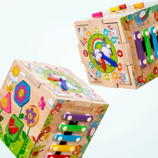 Jeu Sensoriel et Éveil pour Bébé et Enfant dès 1 Ans - Cube d'Activités Éducatif en Bois
