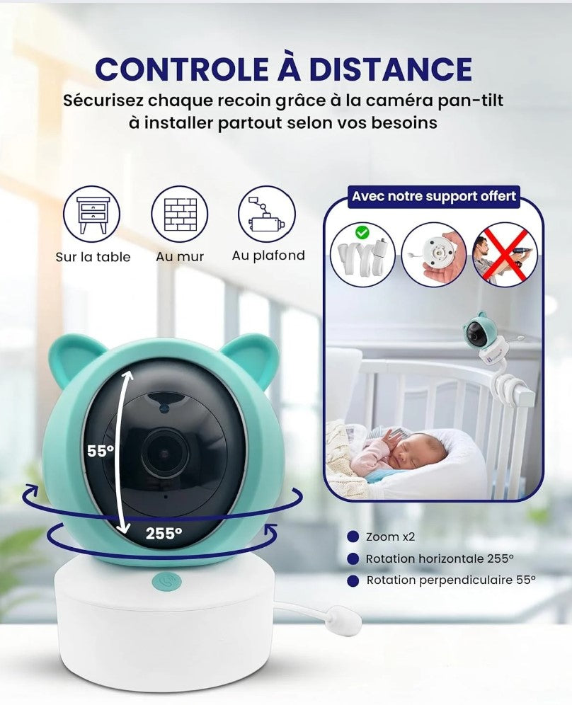 Babyphone Bébé 2K avec Moniteur 5″ LCD-IPS – Caméra PTZ 355°, WiFi, VOX, Enregistrement, Surveillance et Berceuses