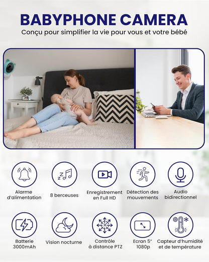 Babyphone Bébé 2K avec Moniteur 5″ LCD-IPS – Caméra PTZ 355°, WiFi, VOX, Enregistrement, Surveillance et Berceuses
