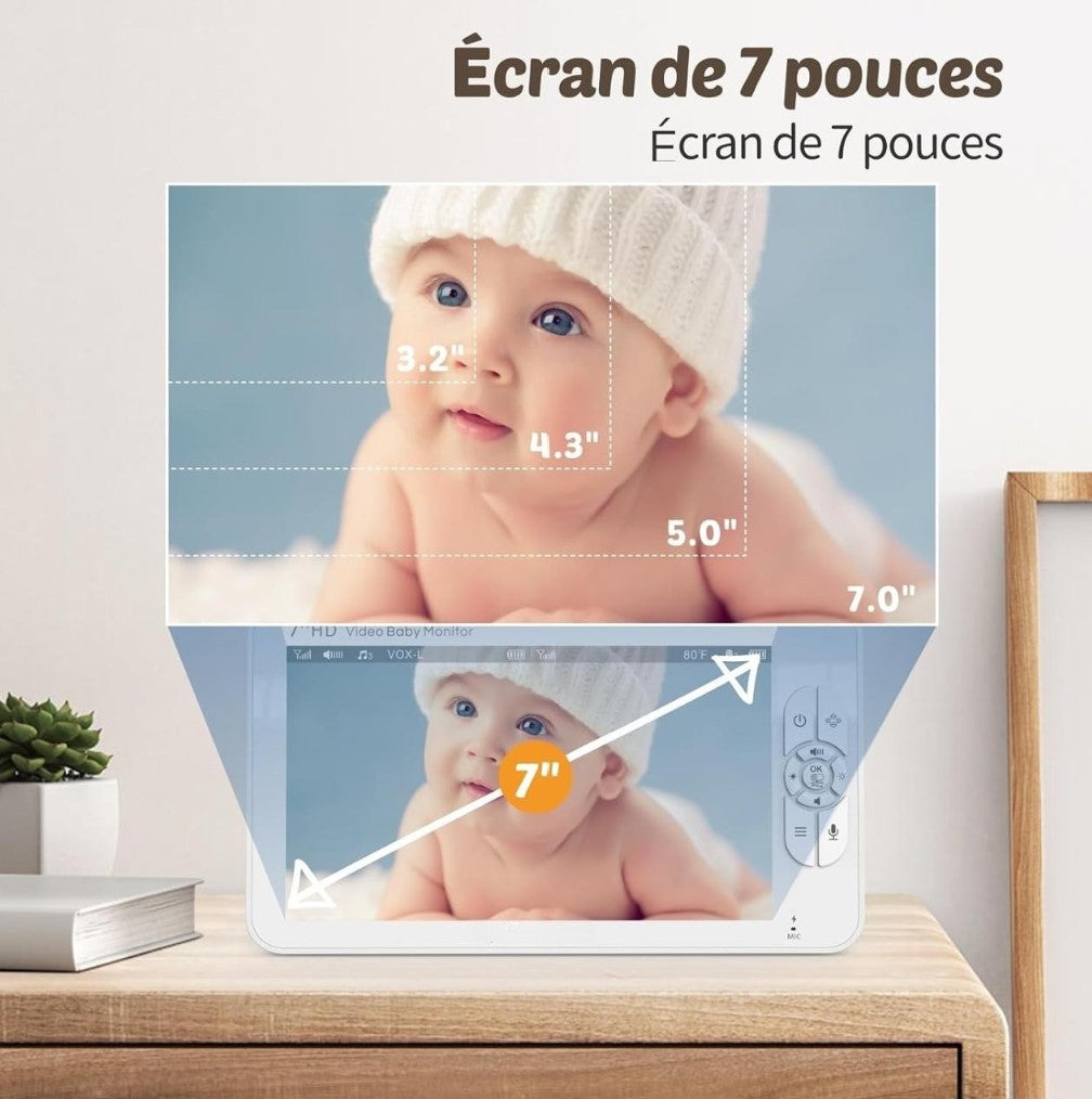 Babyphone Bébé 7″ HD 1080P avec Caméra Simple ou Double – Vision Nocturne, VOX, Berceuses et Communication Bidirectionnelle