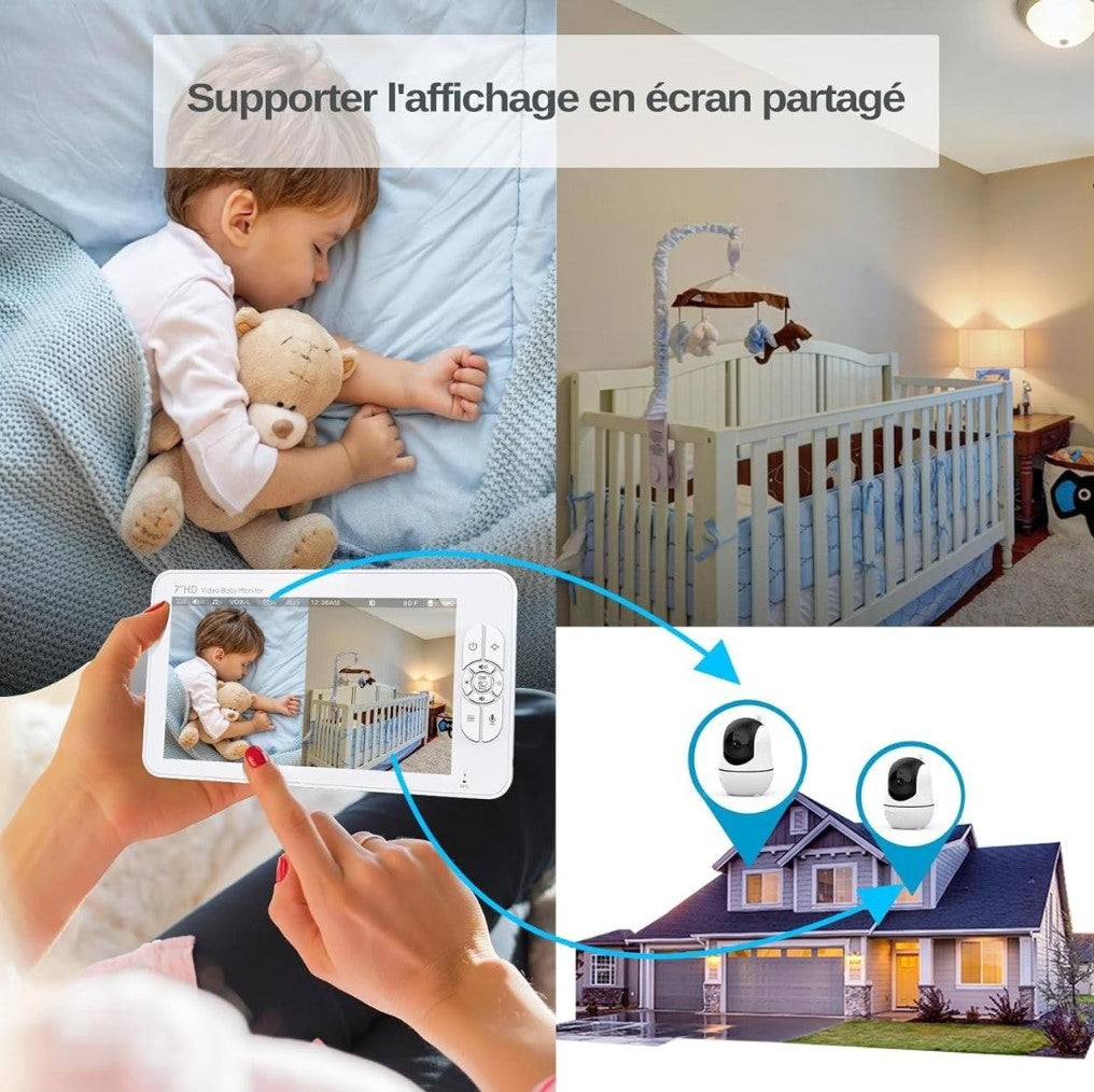 Babyphone Bébé 7″ HD 1080P avec Caméra Simple ou Double – Vision Nocturne, VOX, Berceuses et Communication Bidirectionnelle