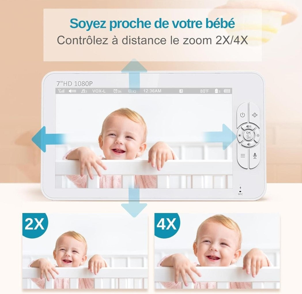 Babyphone Bébé 7″ HD 1080P avec Caméra Simple ou Double – Vision Nocturne, VOX, Berceuses et Communication Bidirectionnelle