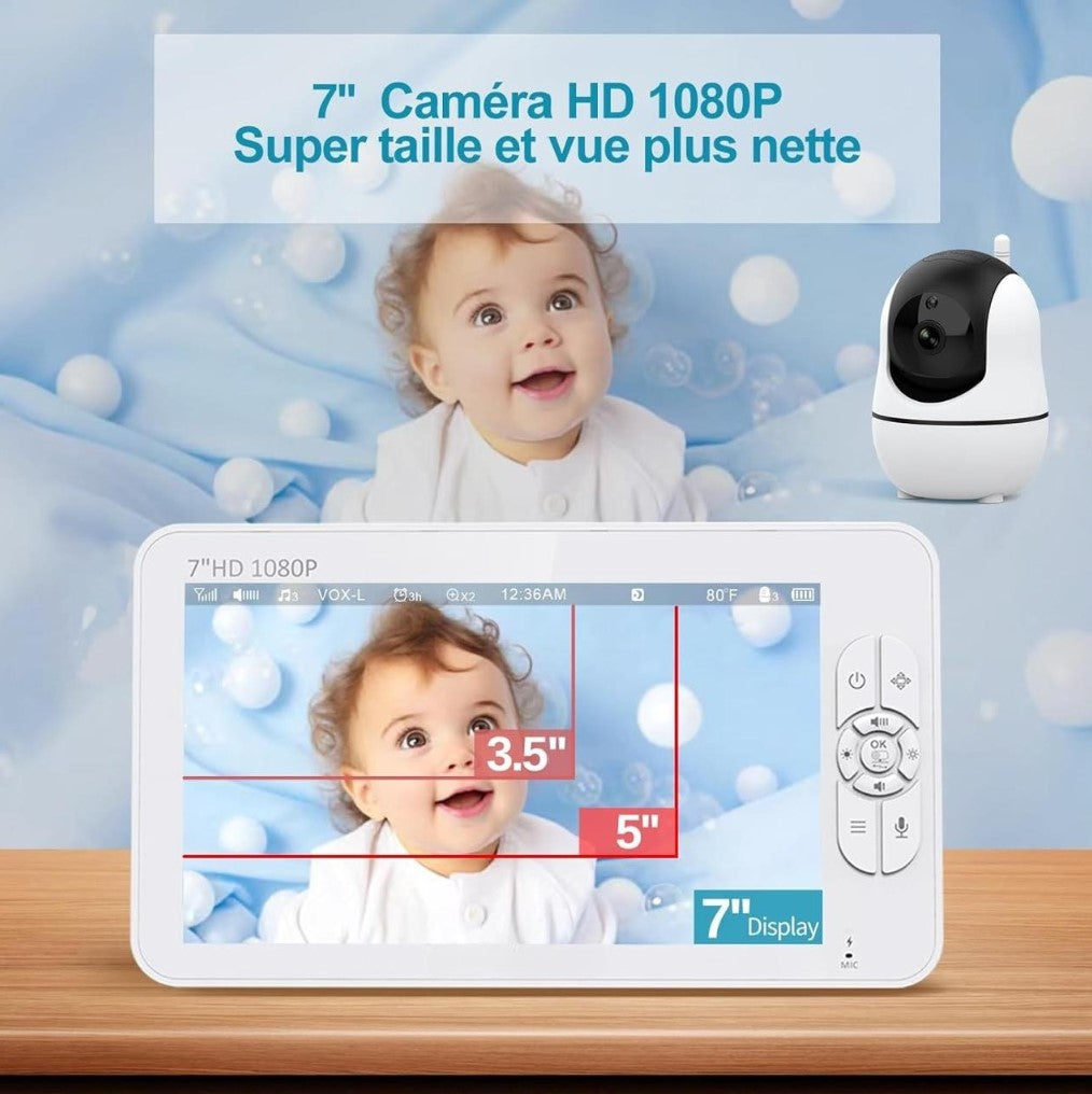 Babyphone Bébé 7″ HD 1080P avec Caméra Simple ou Double – Vision Nocturne, VOX, Berceuses et Communication Bidirectionnelle