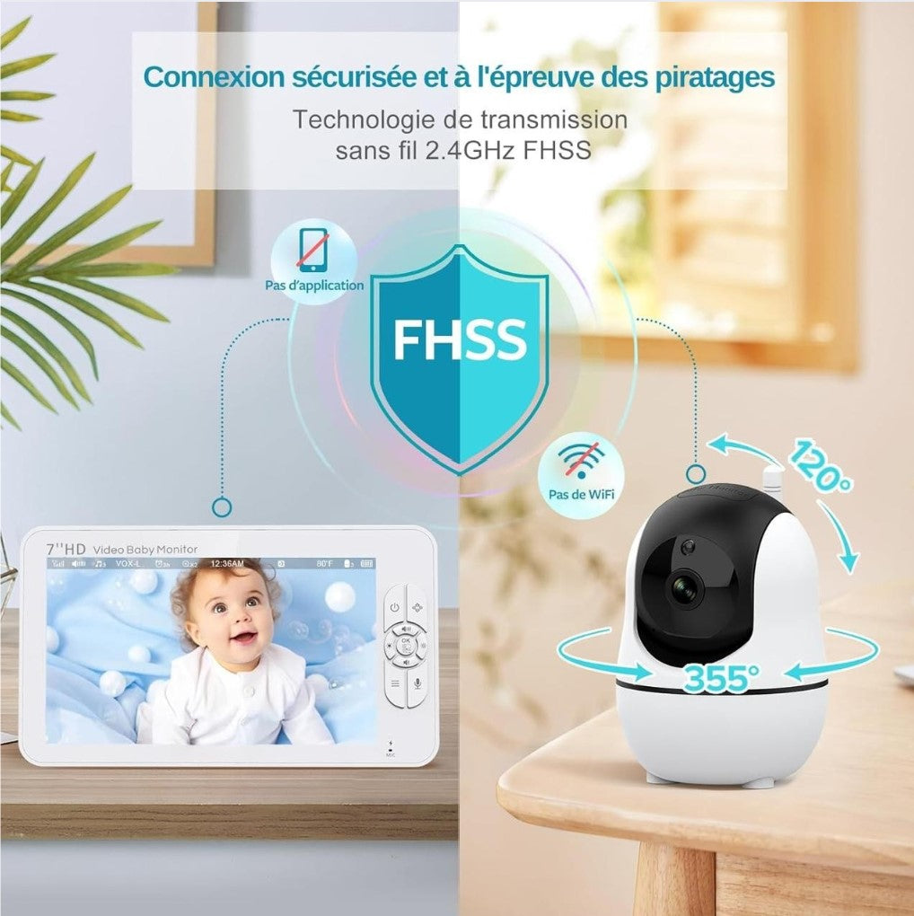 Babyphone Bébé 7″ HD 1080P avec Caméra Simple ou Double – Vision Nocturne, VOX, Berceuses et Communication Bidirectionnelle