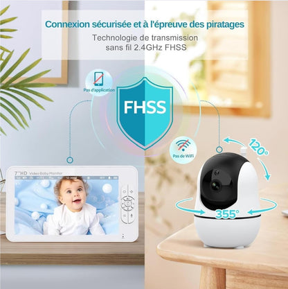 Babyphone Bébé 7″ HD 1080P avec Caméra Simple ou Double – Vision Nocturne, VOX, Berceuses et Communication Bidirectionnelle