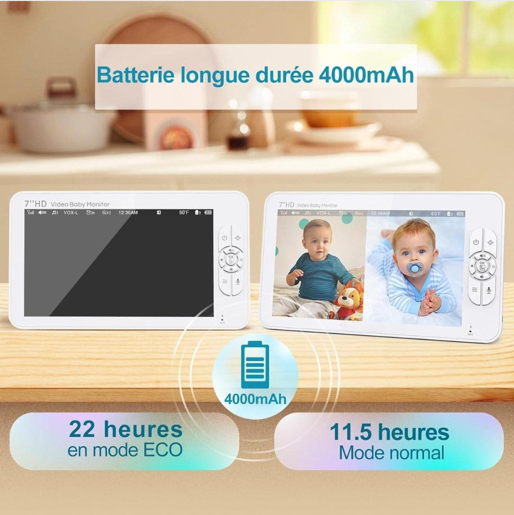 Babyphone Bébé 7″ HD 1080P avec Caméra Simple ou Double – Vision Nocturne, VOX, Berceuses et Communication Bidirectionnelle