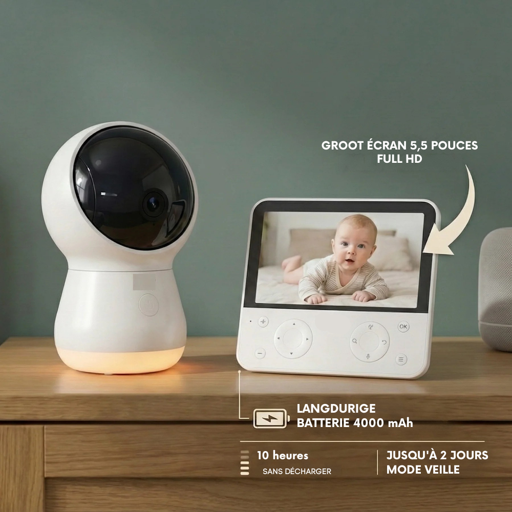 Babyphone 4MP avec Écran Numérique de 5,5 Pouces, Résolution 1080p, Audio Bidirectionnel, Vision Nocturne, Double Vue