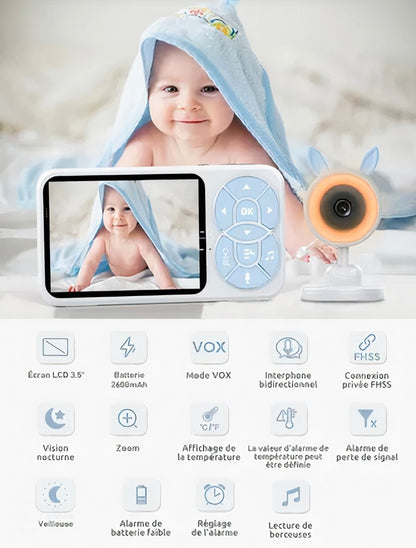 Babyphone Caméra HD 1080 P 3,5″ avec Veilleuse Colorée et Vision Nocturne pour Bébé