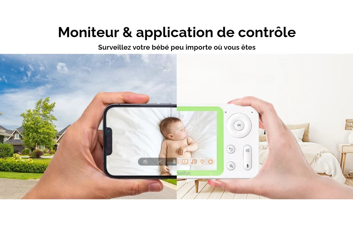 Babyphone Caméra Boifun avec contrôle via application mobile et monitor - Simple ou Double
