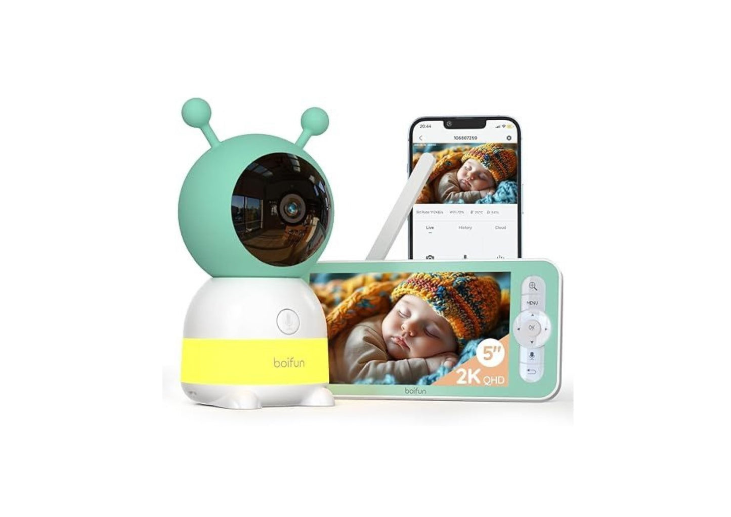 Babyphone Bébé Caméra BOIFUN 2K 5″ avec ou sans Veilleuse – Application Mobile, Rotation 360°, Surveillance et Suivi Automatique