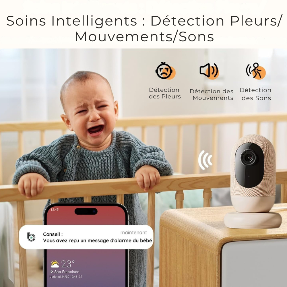 Ensemble de Caméra Bébé Intelligente Wifi 3K avec Écran Moniteur Vidéo et Détection Sonore
