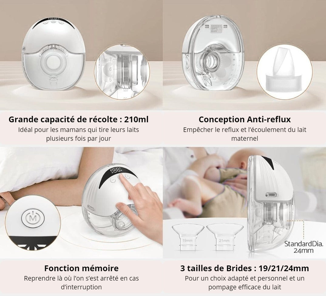Tire-lait électrique Mains-libres - Sans fils et Silencieux - 4 Modes et 12 Niveaux - Téterelles 19/21/24mm inclus